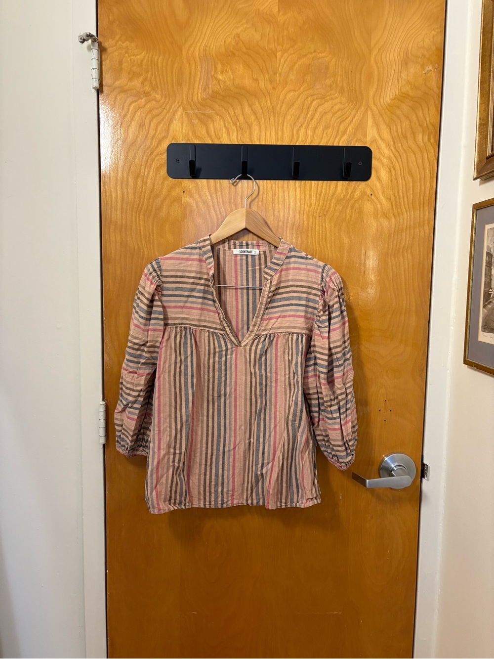 Self Contrast Striped V-Neck Cotton & Linen Blouse in Pink and Beige